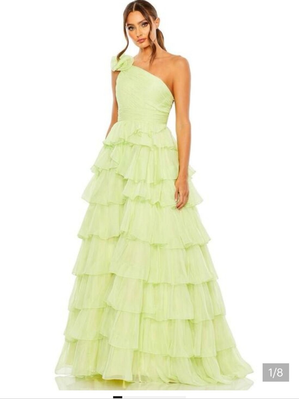 One-Shoulder Lime Ruffled Tiered Evening Gown Mac Duggal 67979 Pistachio Green